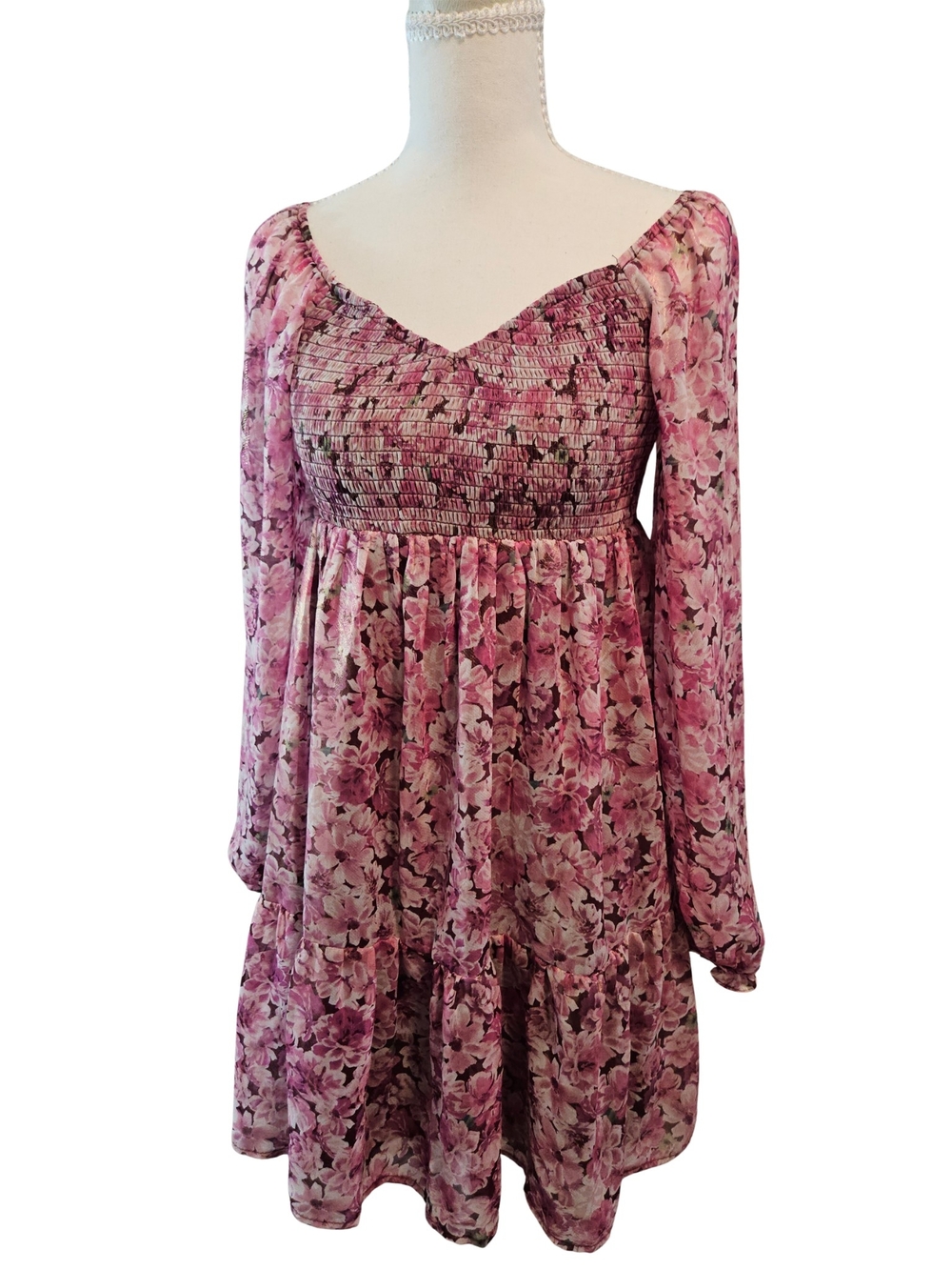 Crystal Doll Pink Floral Smocked Milkmaid Dress - Size S